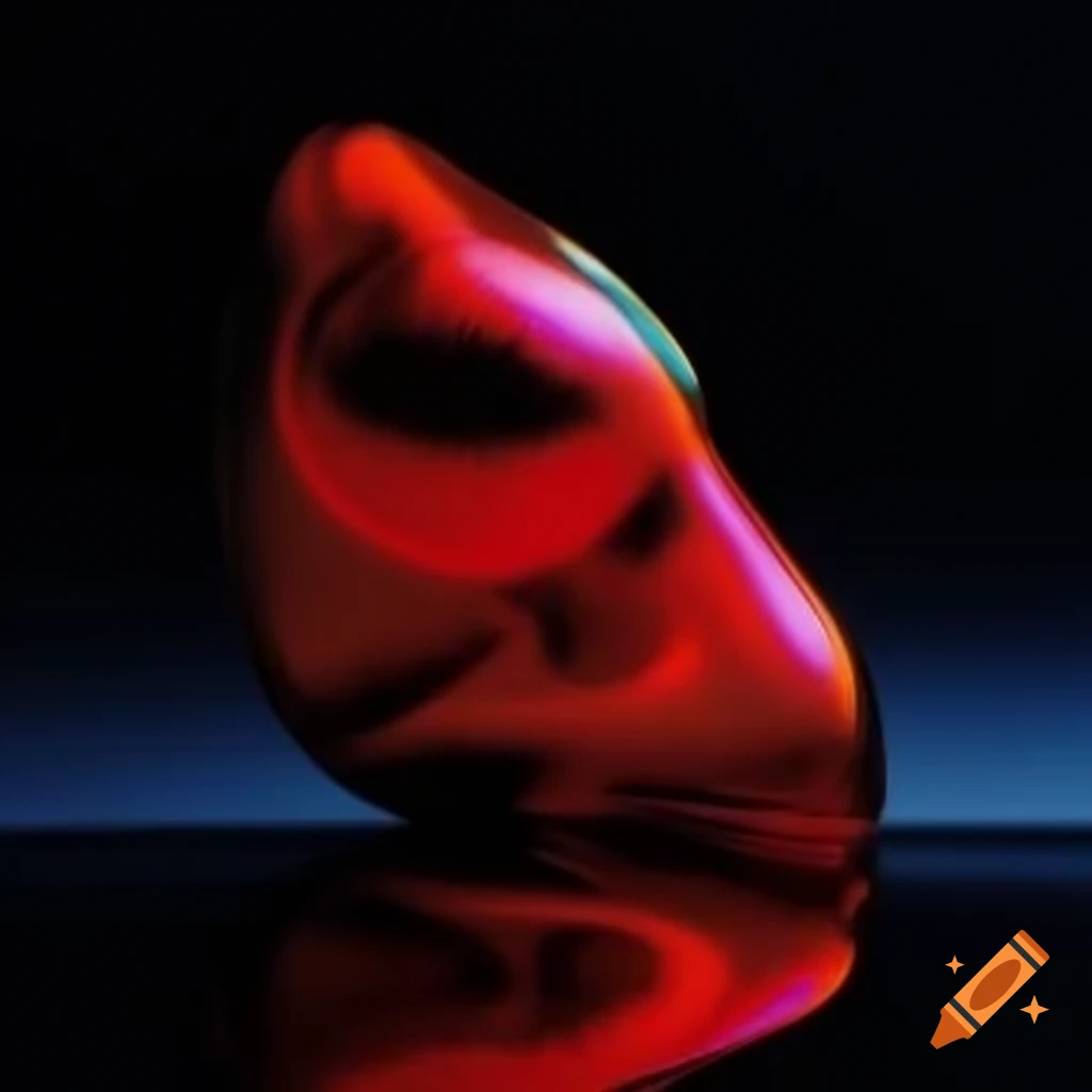 Iridescent red glass statue in pop surreal 2000's photography style