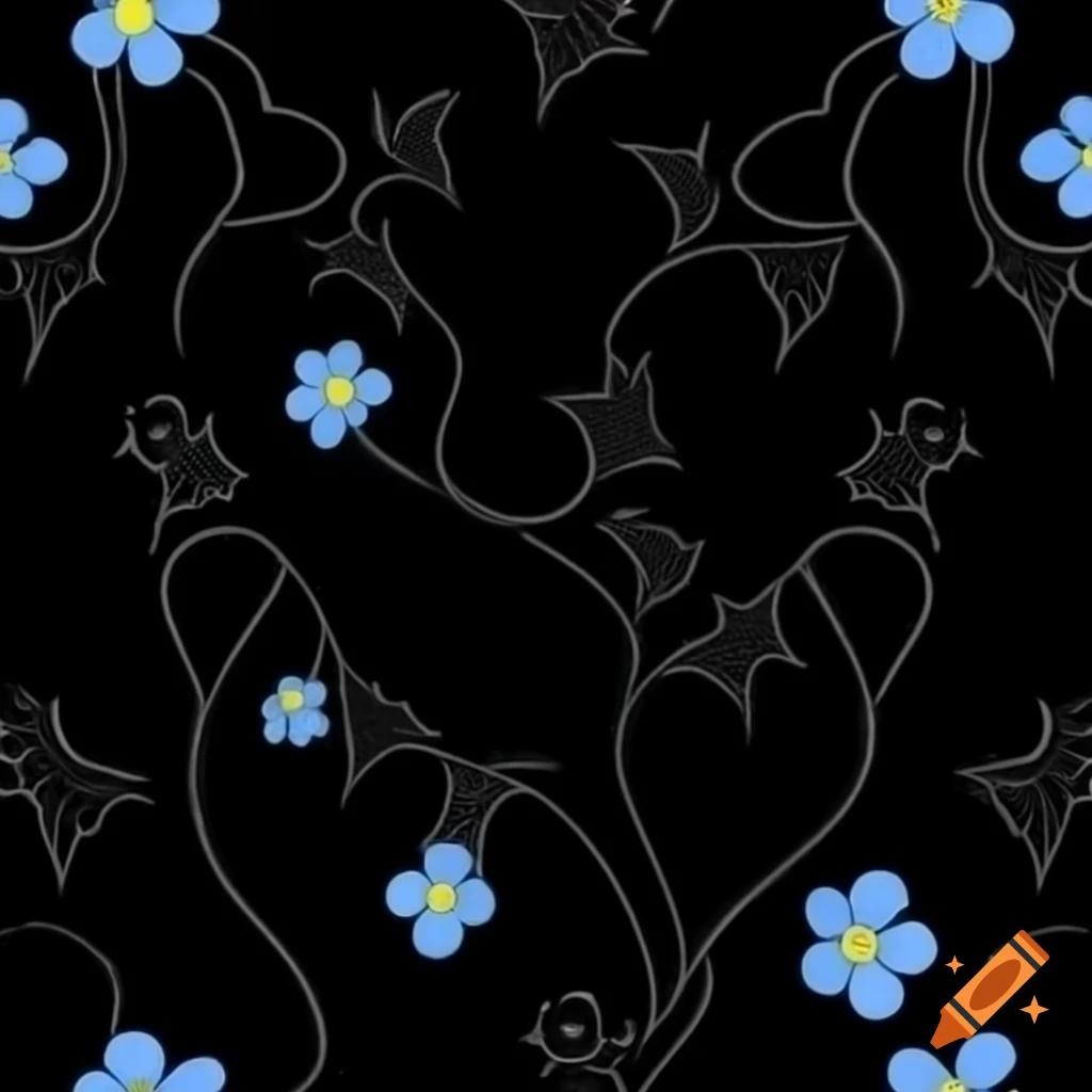Black velvet background with English vines and forget-me-nots