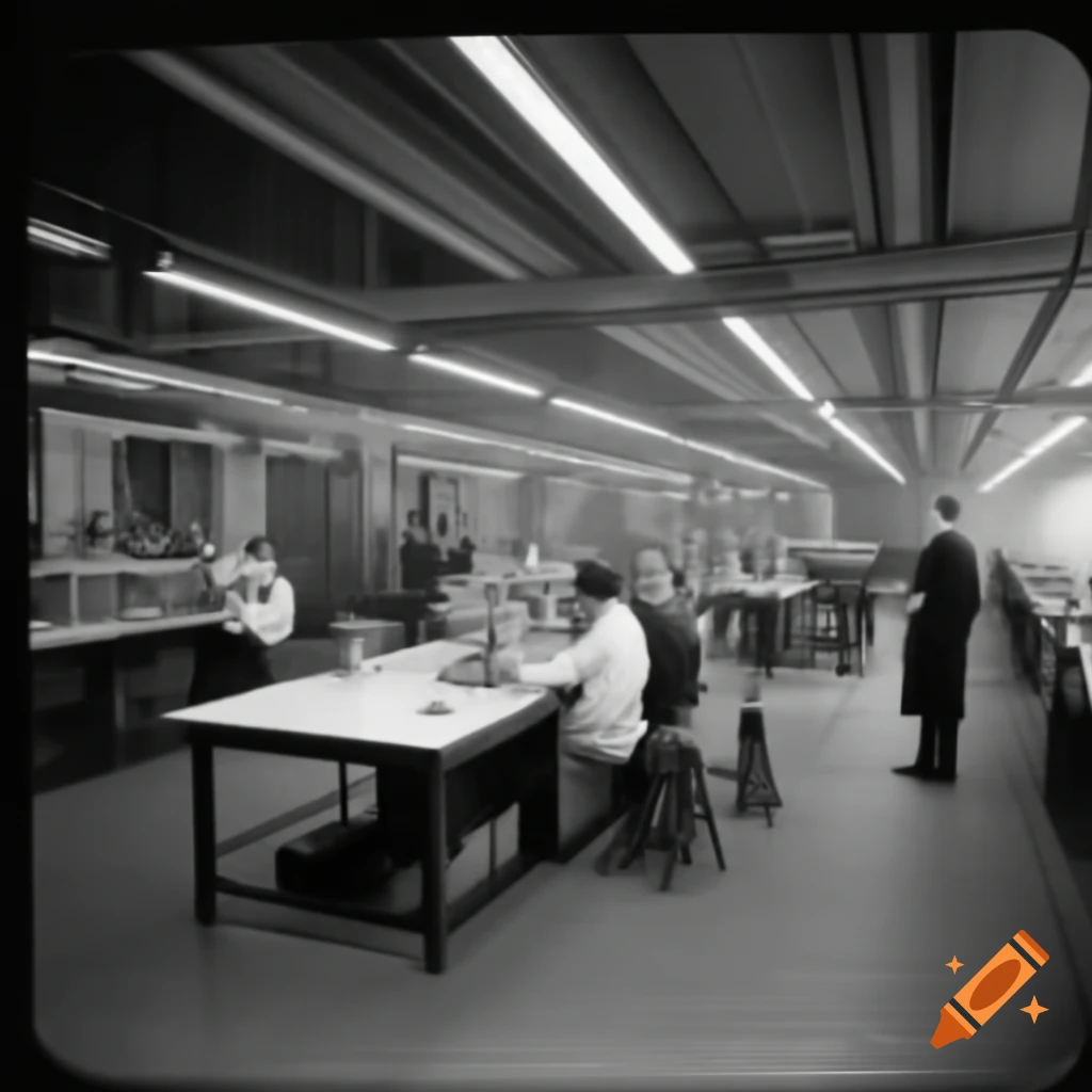 Technical lab with table and machines, people working