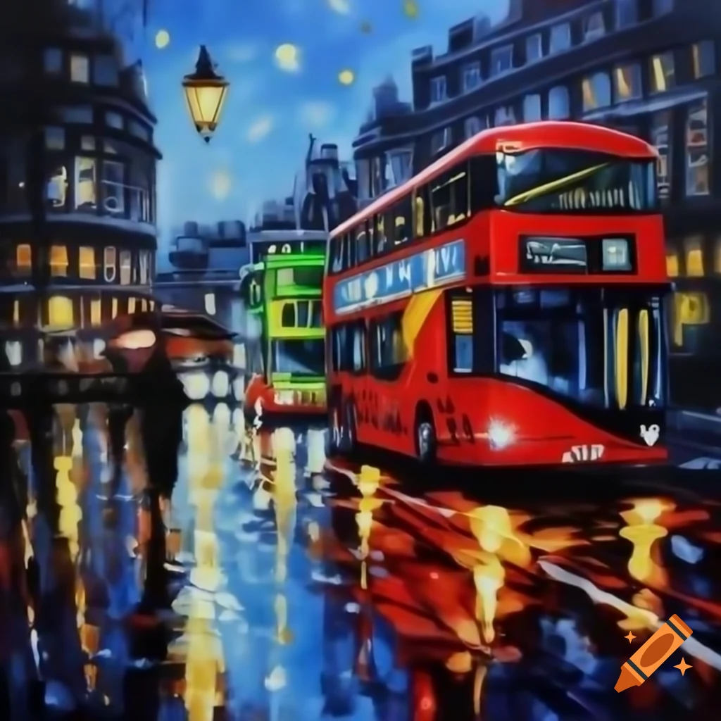 Detailed oil painting of red double-decker bus driving in rainy London evening
