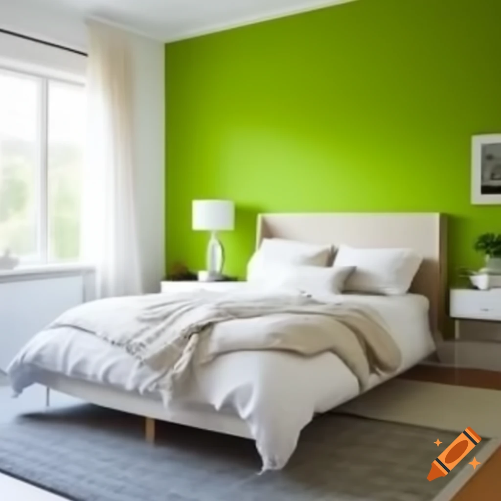 Bright green wall in modern bedroom