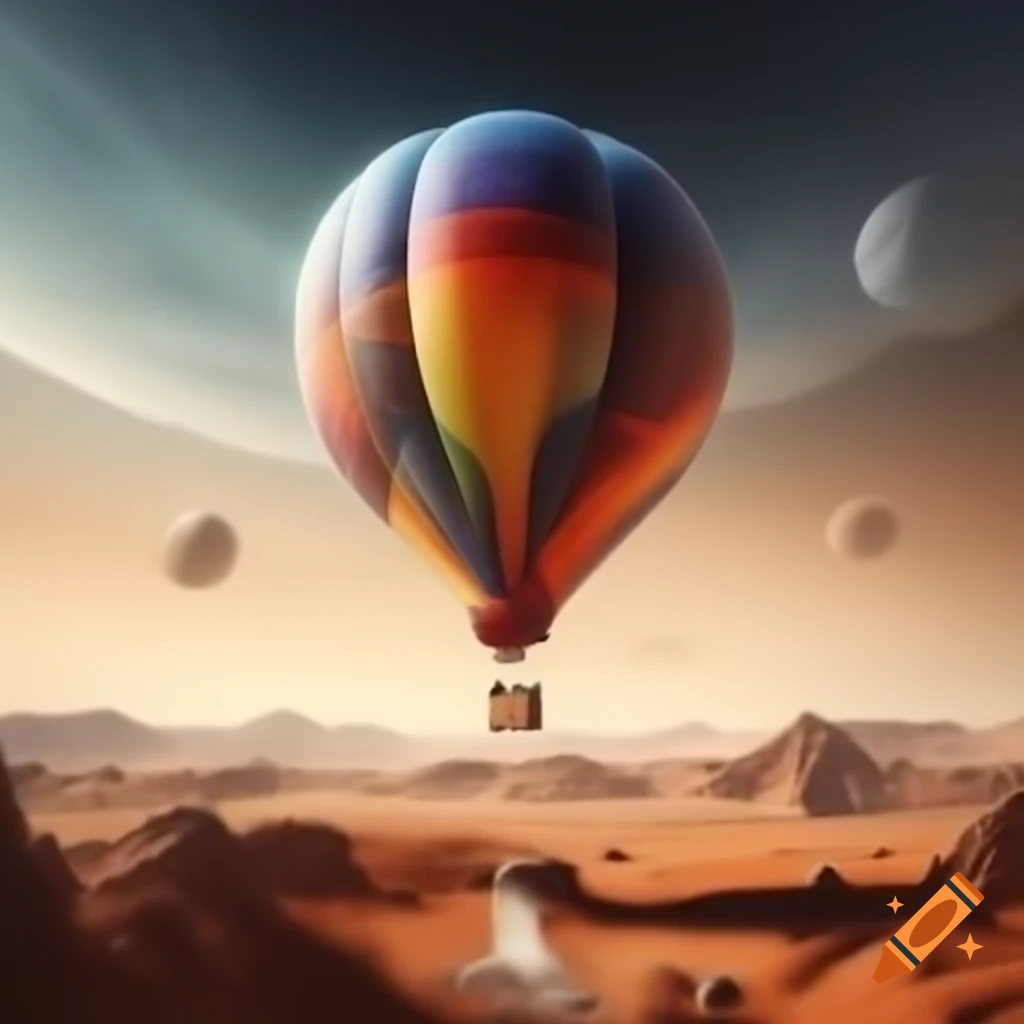 Colorful hot air balloon flying over planet Mars