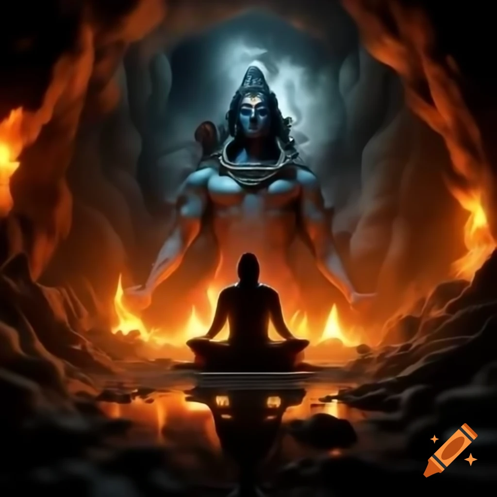 Dark cave with flames and young Ravana meditating, invoking Shiva with ten glowing heads