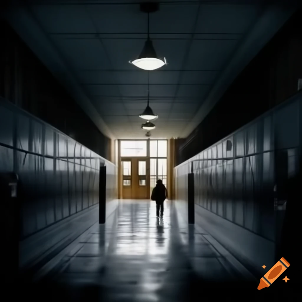 Dark school hallway during blizzard, atmospheric scene