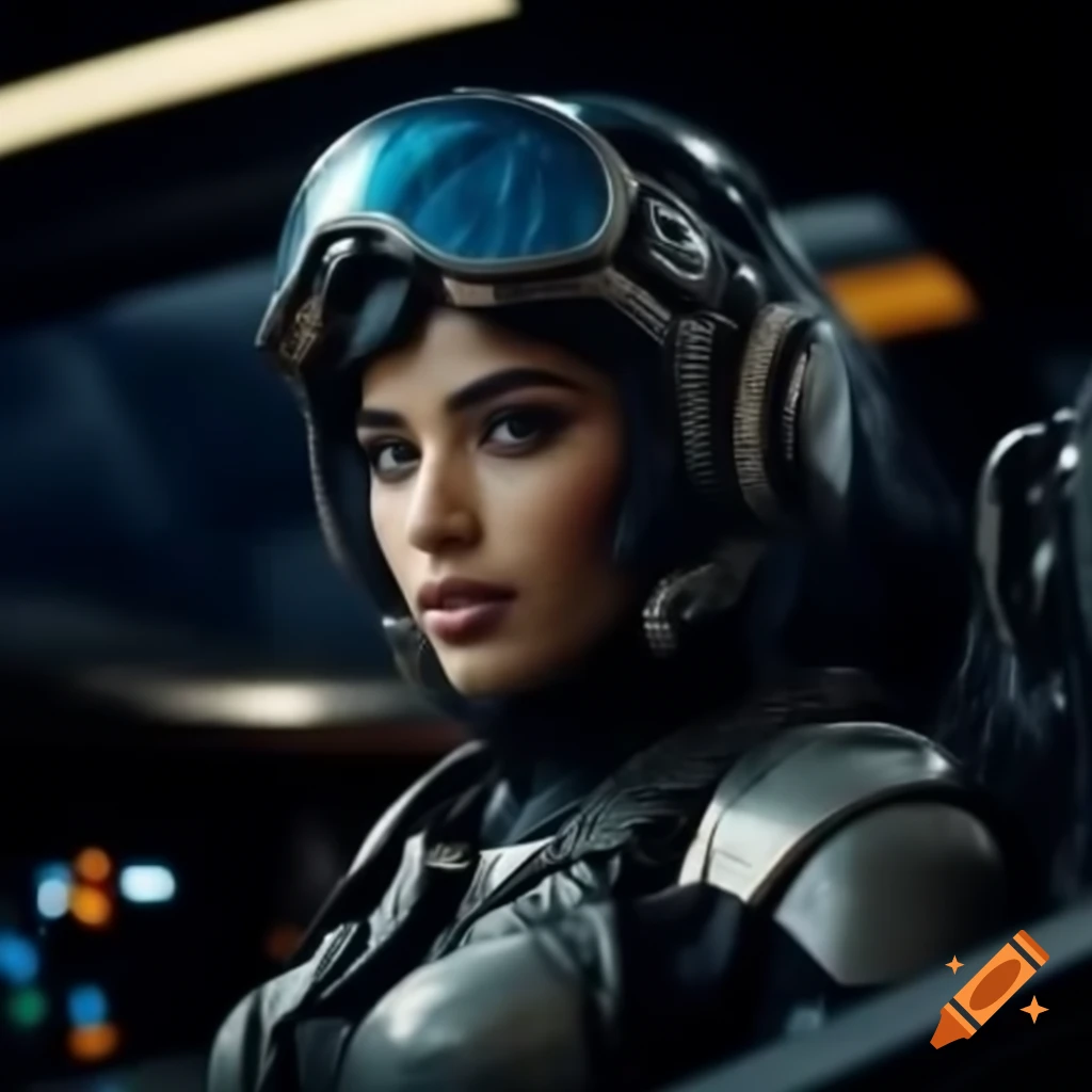 Futuristic Arab female pilot in cockpit, photorealistic design