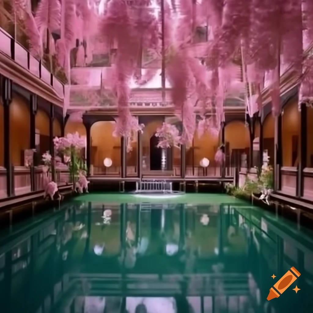 Sunlit tranquil pond with pink blossoms in Persian court