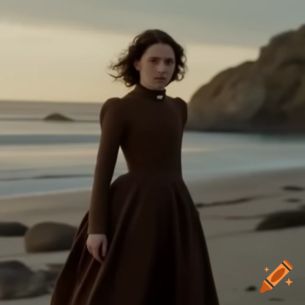 Young woman in brown Victorian dress walking on rocky beach during golden hour