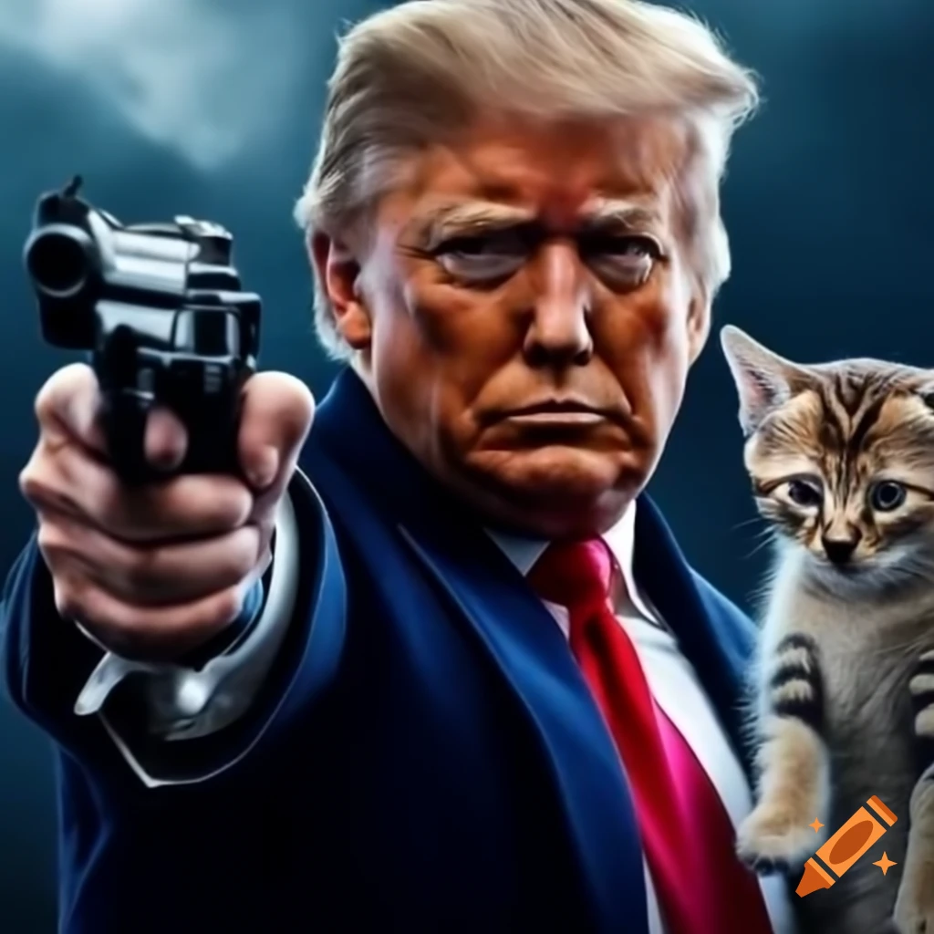 Political satire of President Trump dressed as Rambo holding a kitten and a machine gun