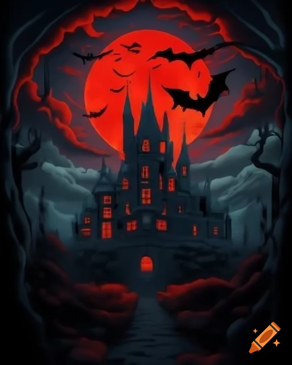 Vampire bat flying with ancient castle and crimson moon in background