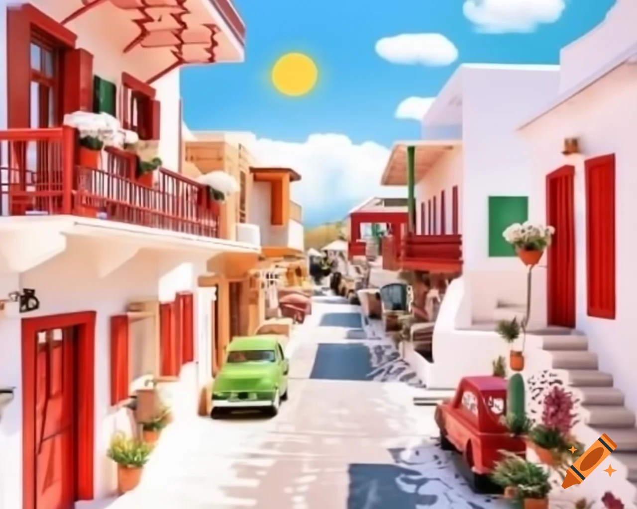 Tilt-shift effect of quaint sun-drenched street in Greece with miniature villages