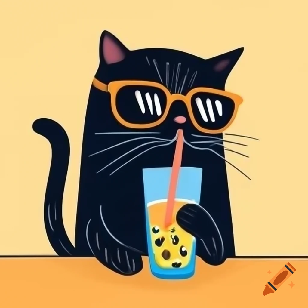 Cartoon black cat wearing sunglasses and drinking a beverage