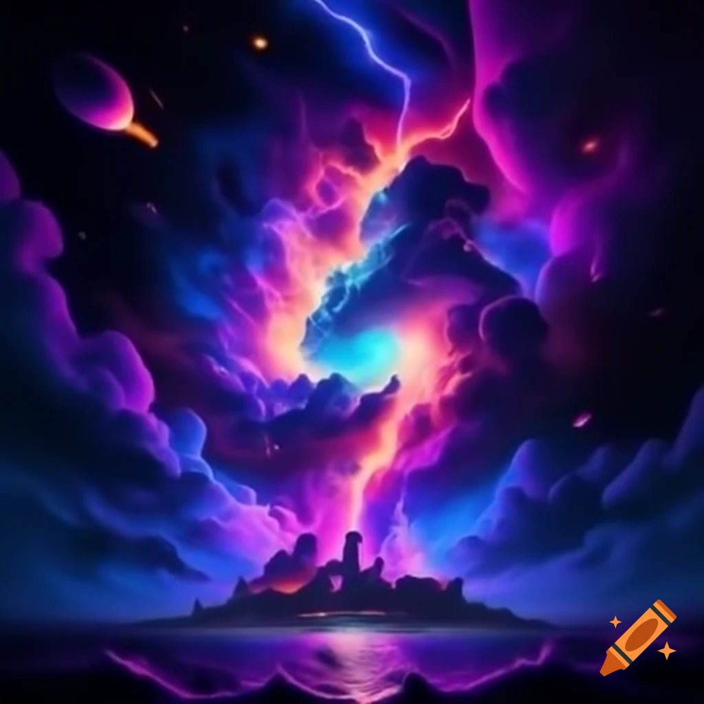 Miami Vice-inspired icon in vibrant neon poster with celestial skies and lightning