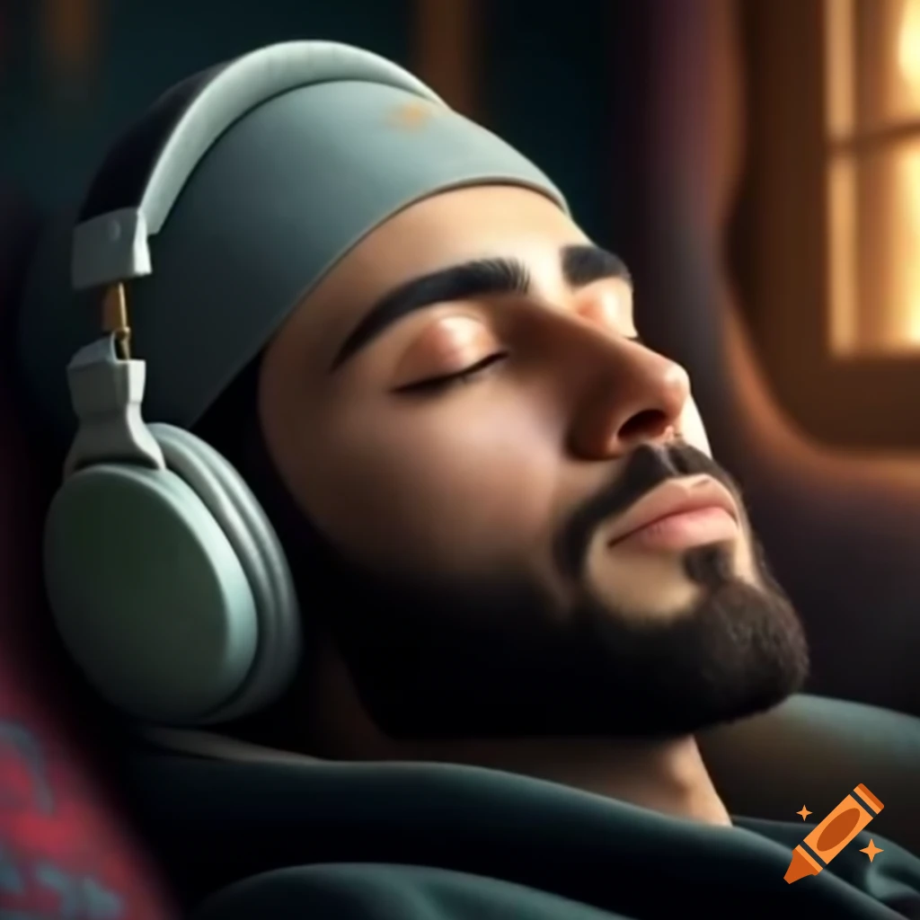 Calming image of Muslim man wearing a cap and headphones