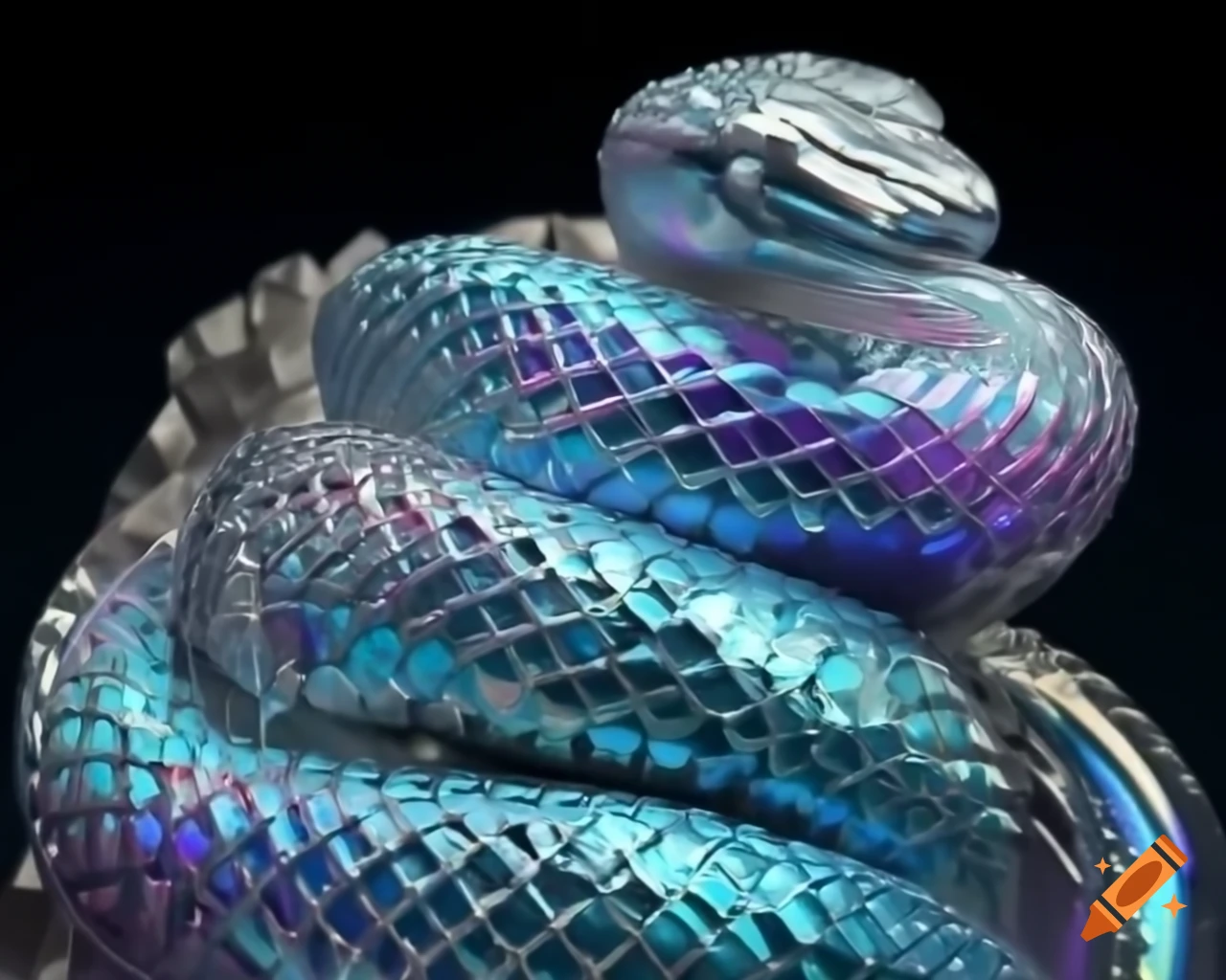 Sculpture of a sinuous crystal snake reflecting light with iridescent facets
