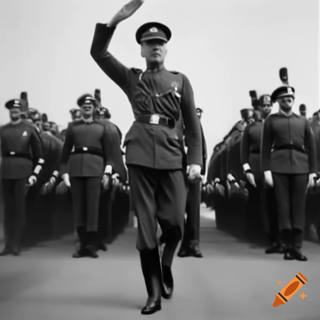 Officer with sword raised walking past attentive soldiers
