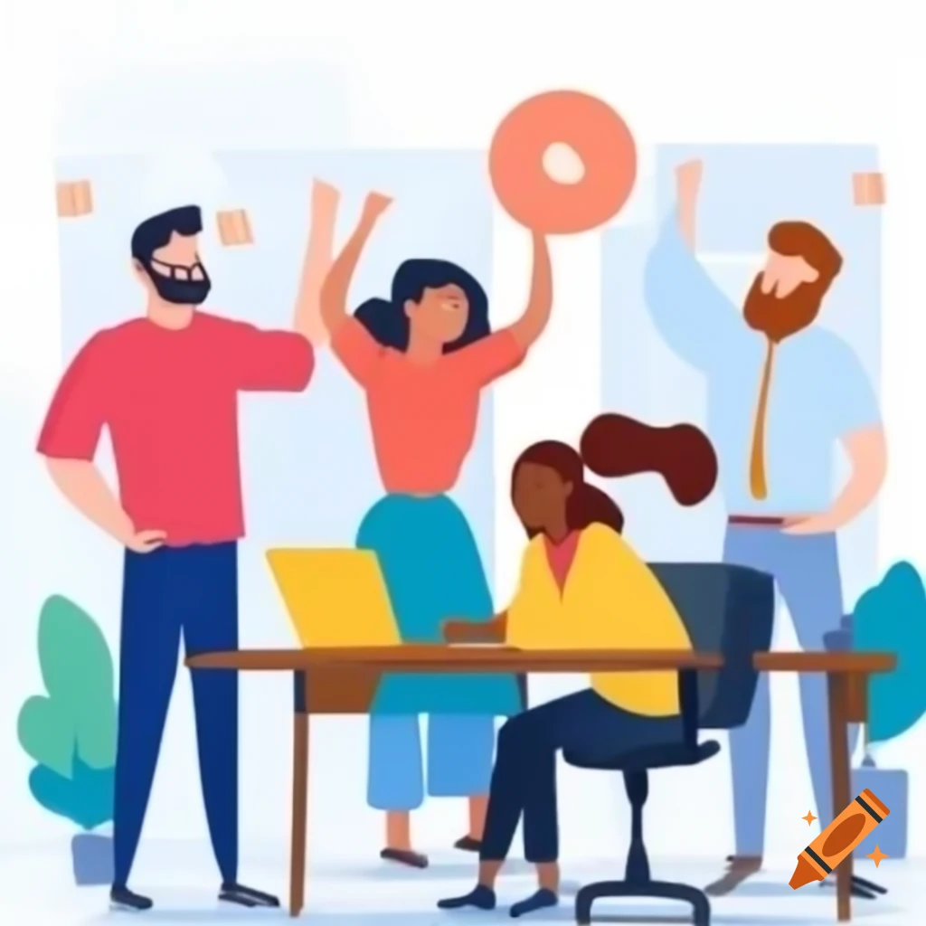 Team enjoying fun event in cartoon-style office