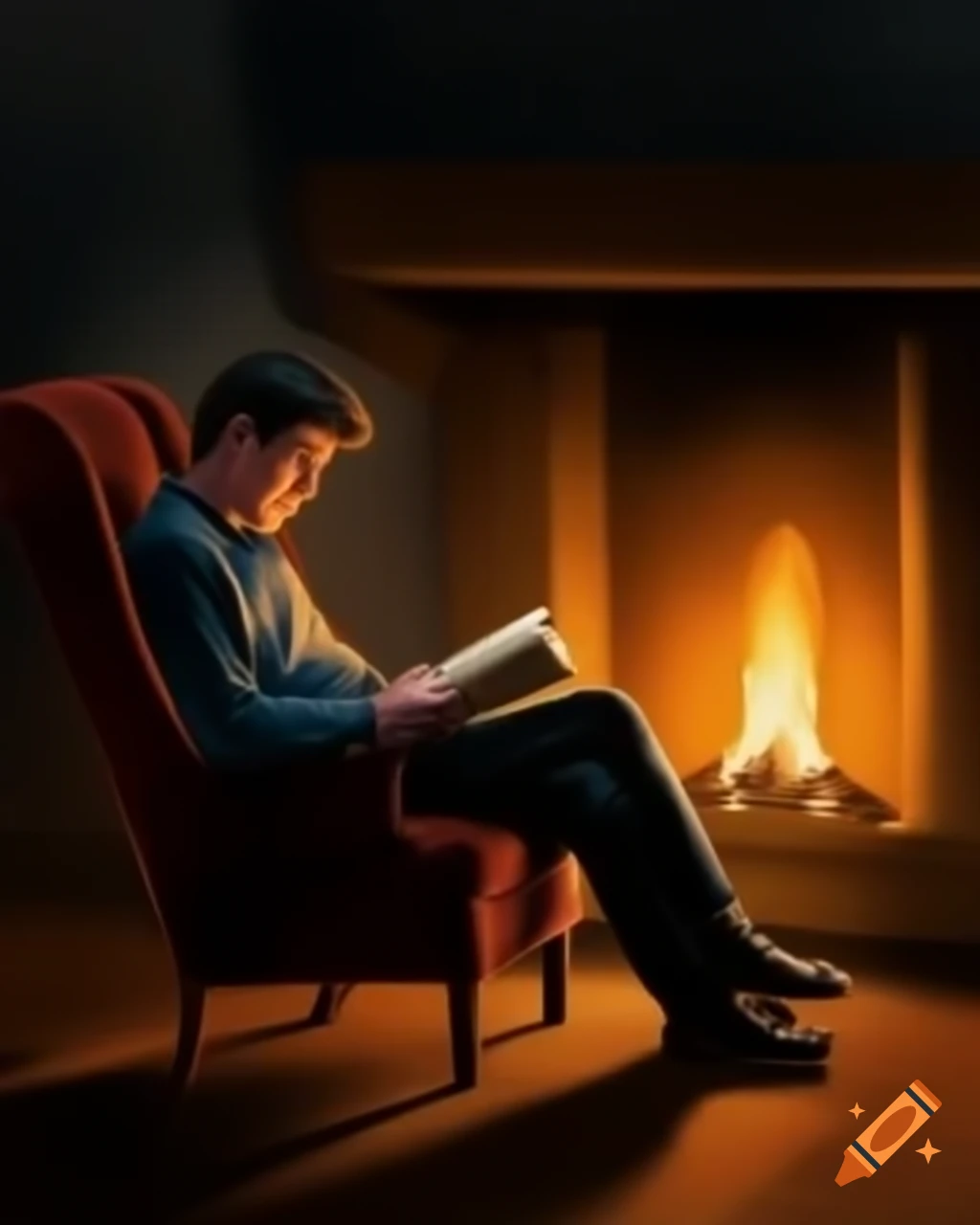 Man reading book by dimly lit fireplace in a cramped room