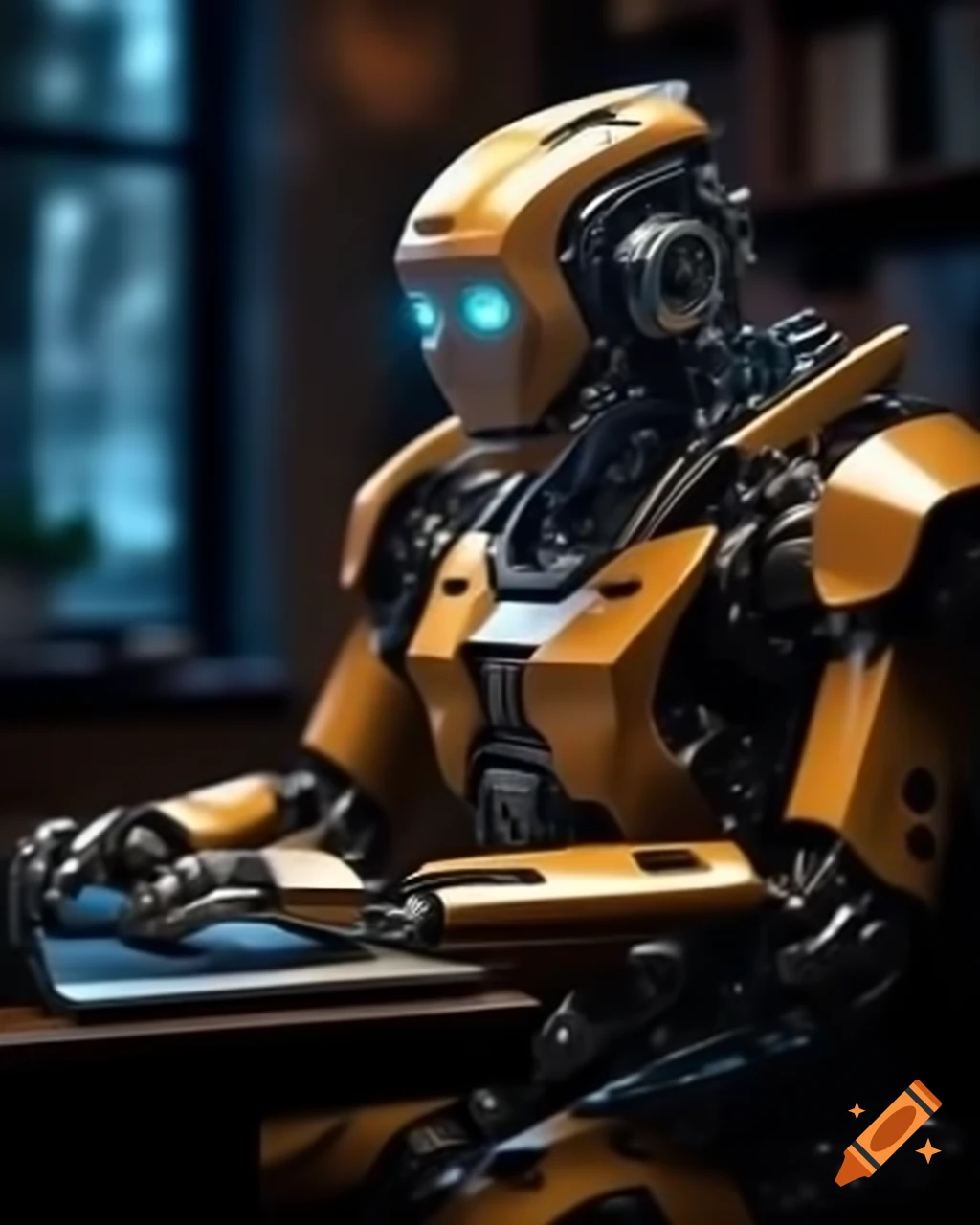 Robot writing code on computer in a poster design