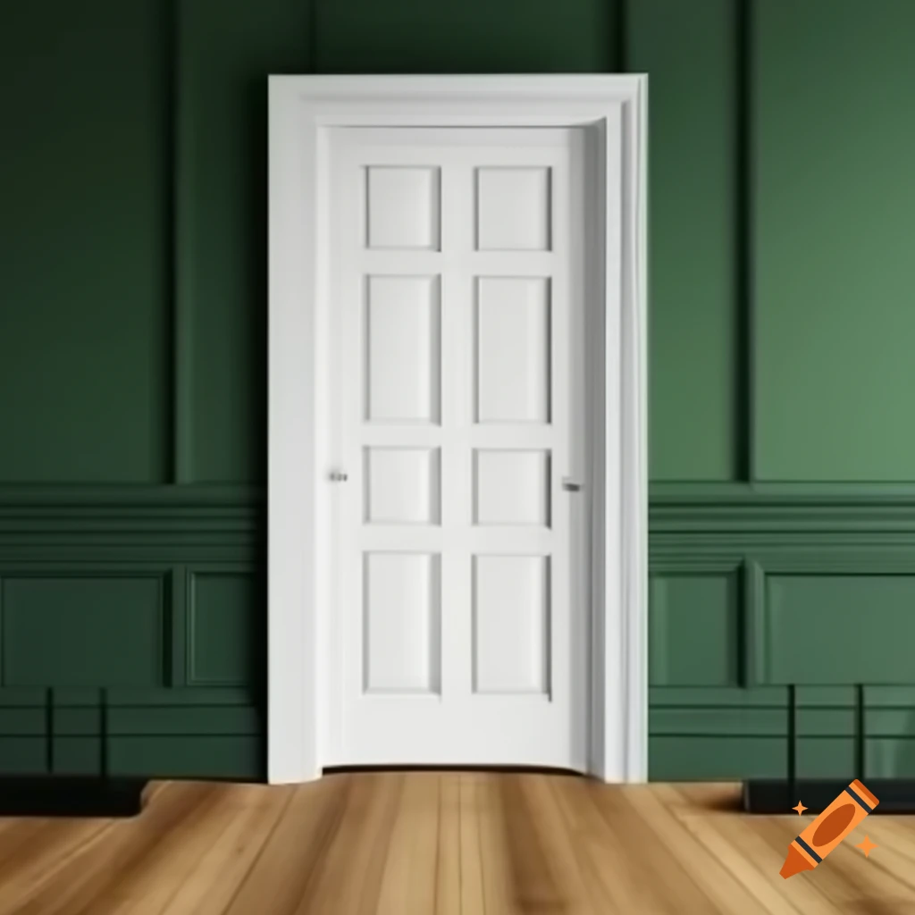 Interior room featuring white ceiling, white door, dark green walls, wooden floor, and 10cm black plinth