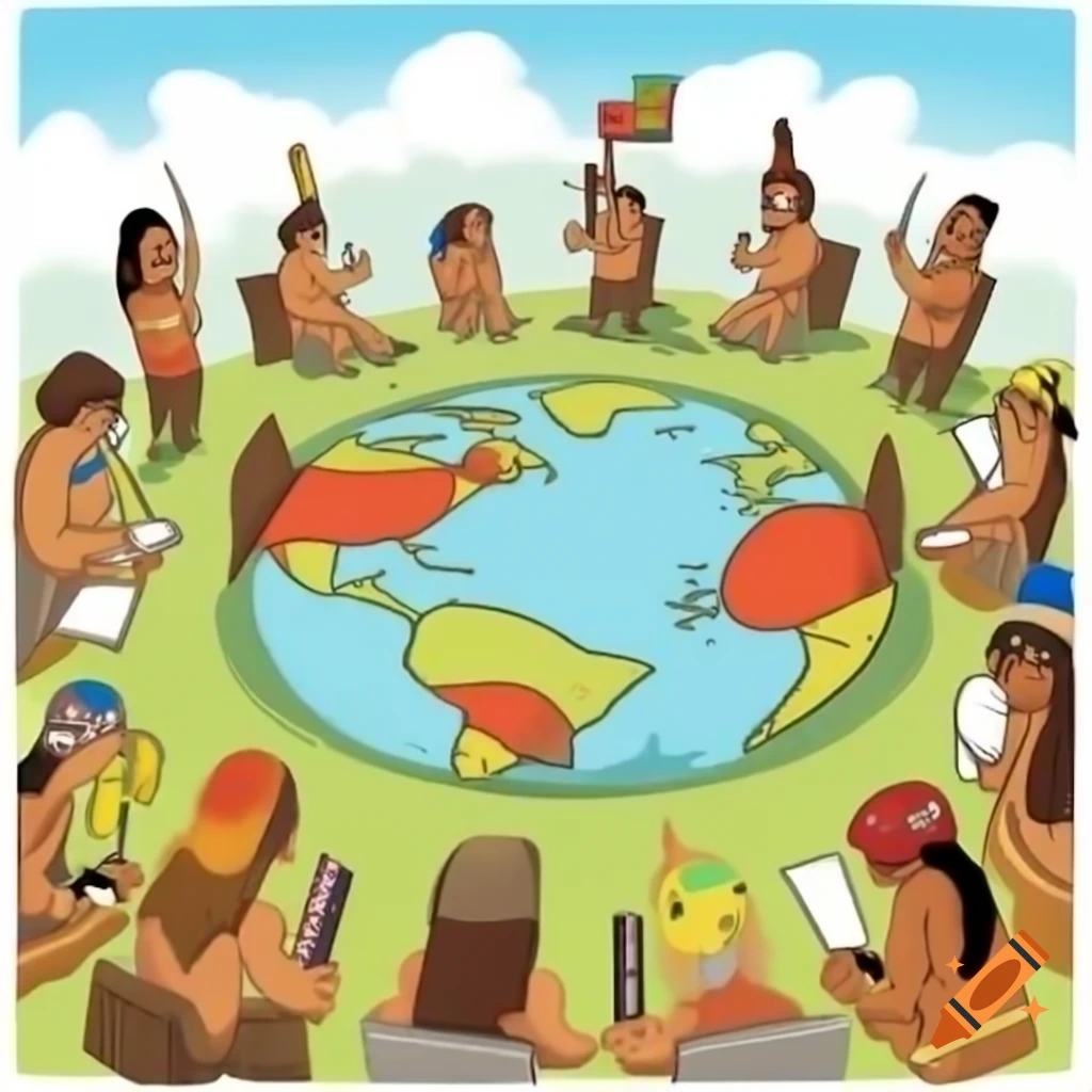 Cartoon depicting Europeans exploring America and meeting Native Americans
