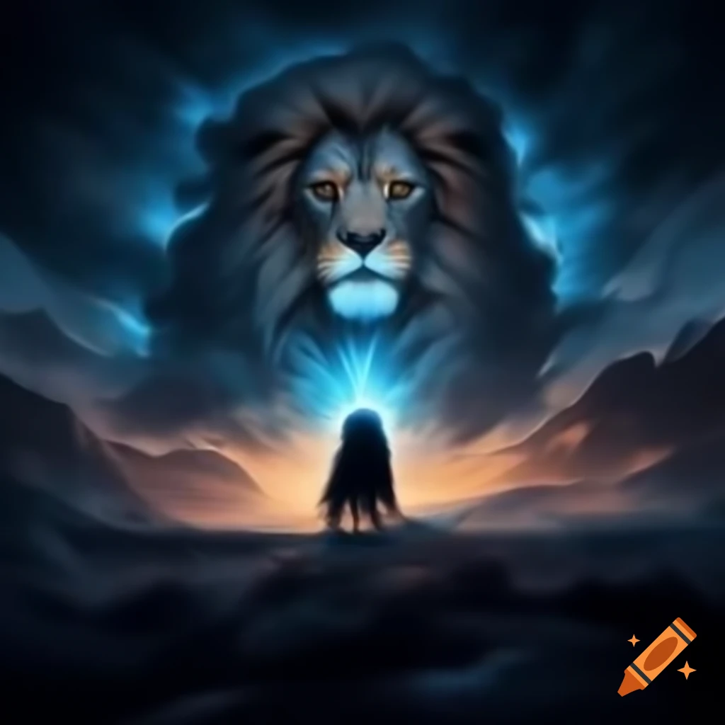 Lion facing lion figure in the sky, dark magical landscape