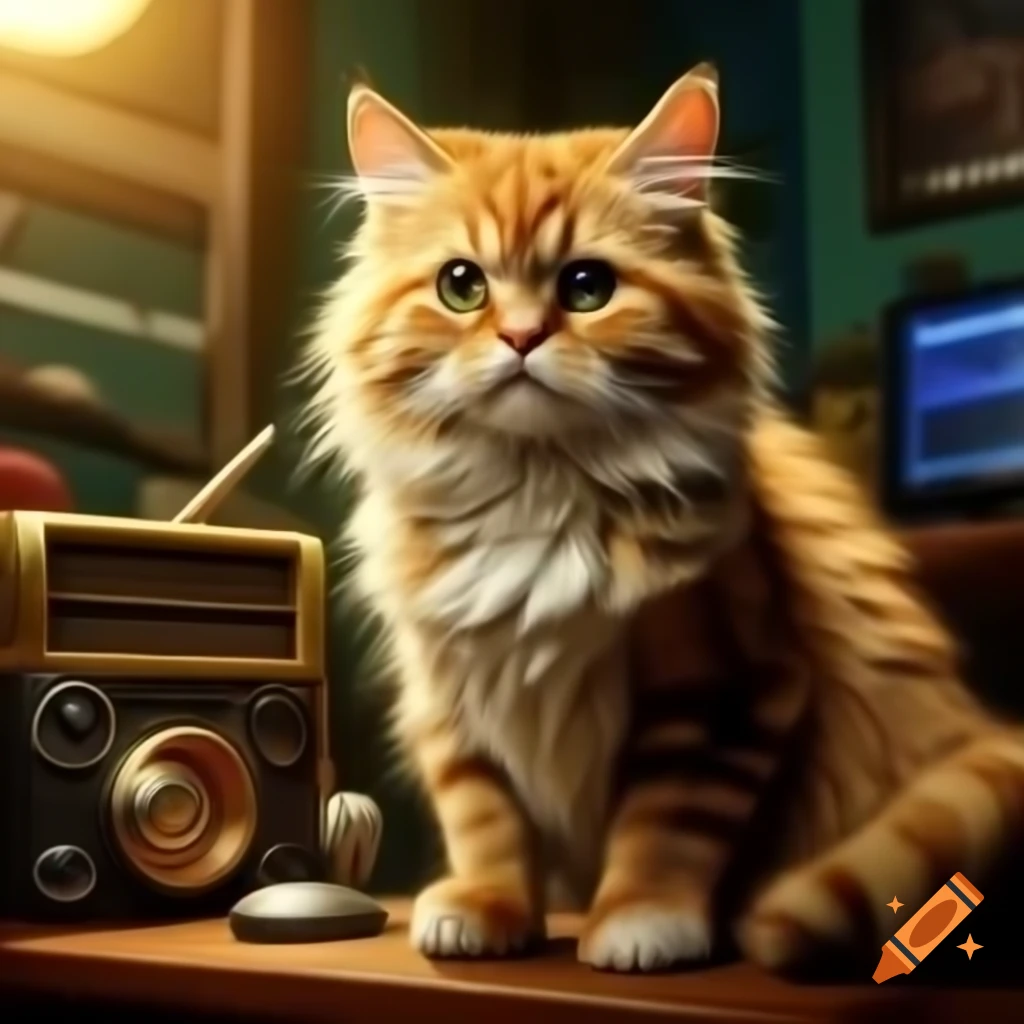 Torti cat beside radio in anime style