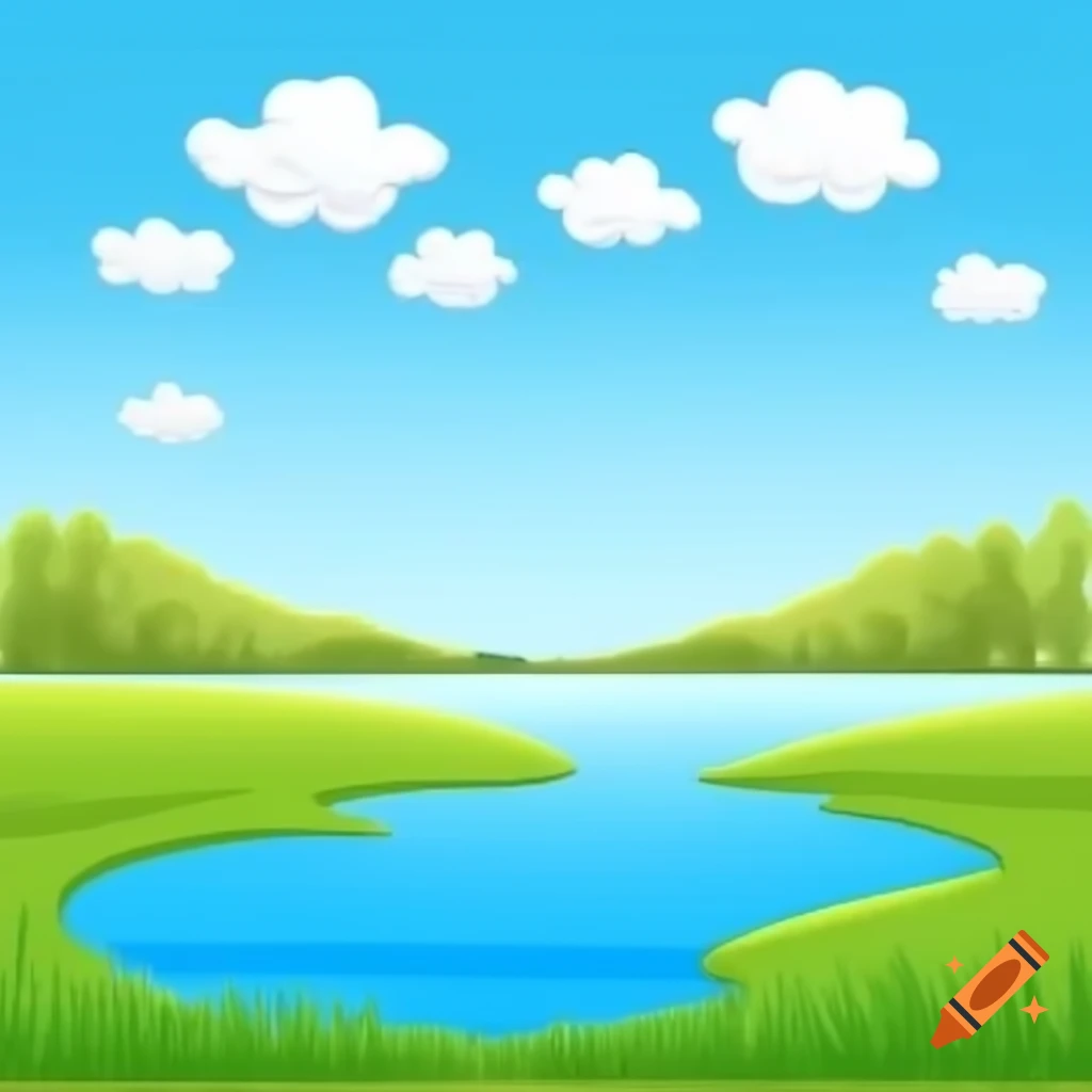 Cartoon countryside with blue sky, white clouds, green grass, and lake