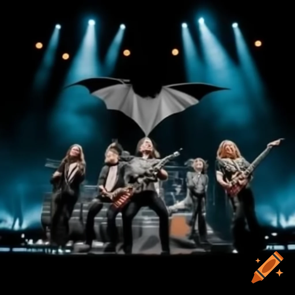 Rock ensemble with theatrical bat-like wings performing on a spotlighted stage