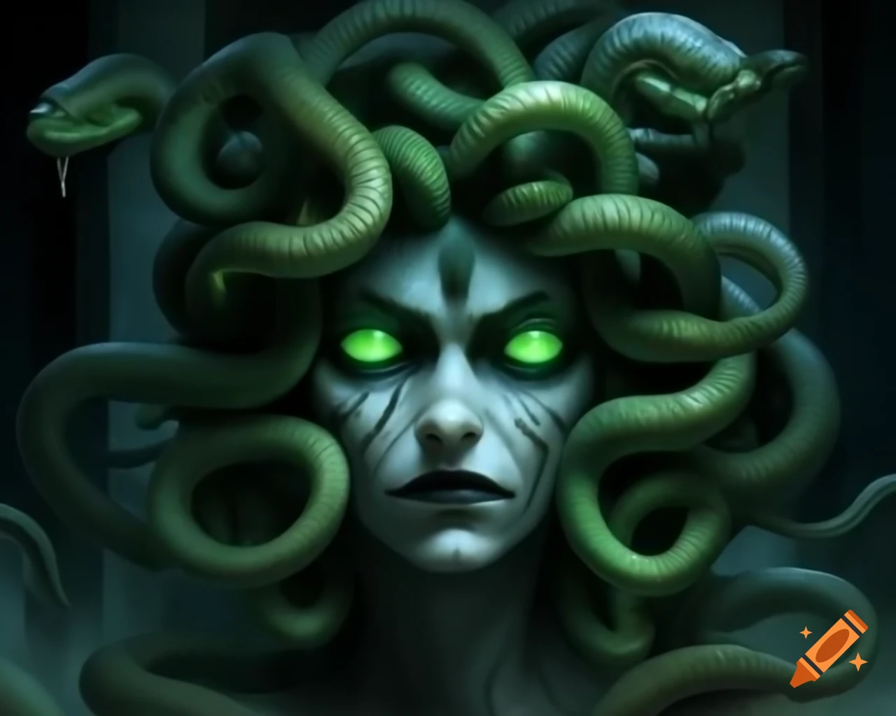 Sinister Medusa with glowing eyes and snake hair in dark temple with eerie green lighting