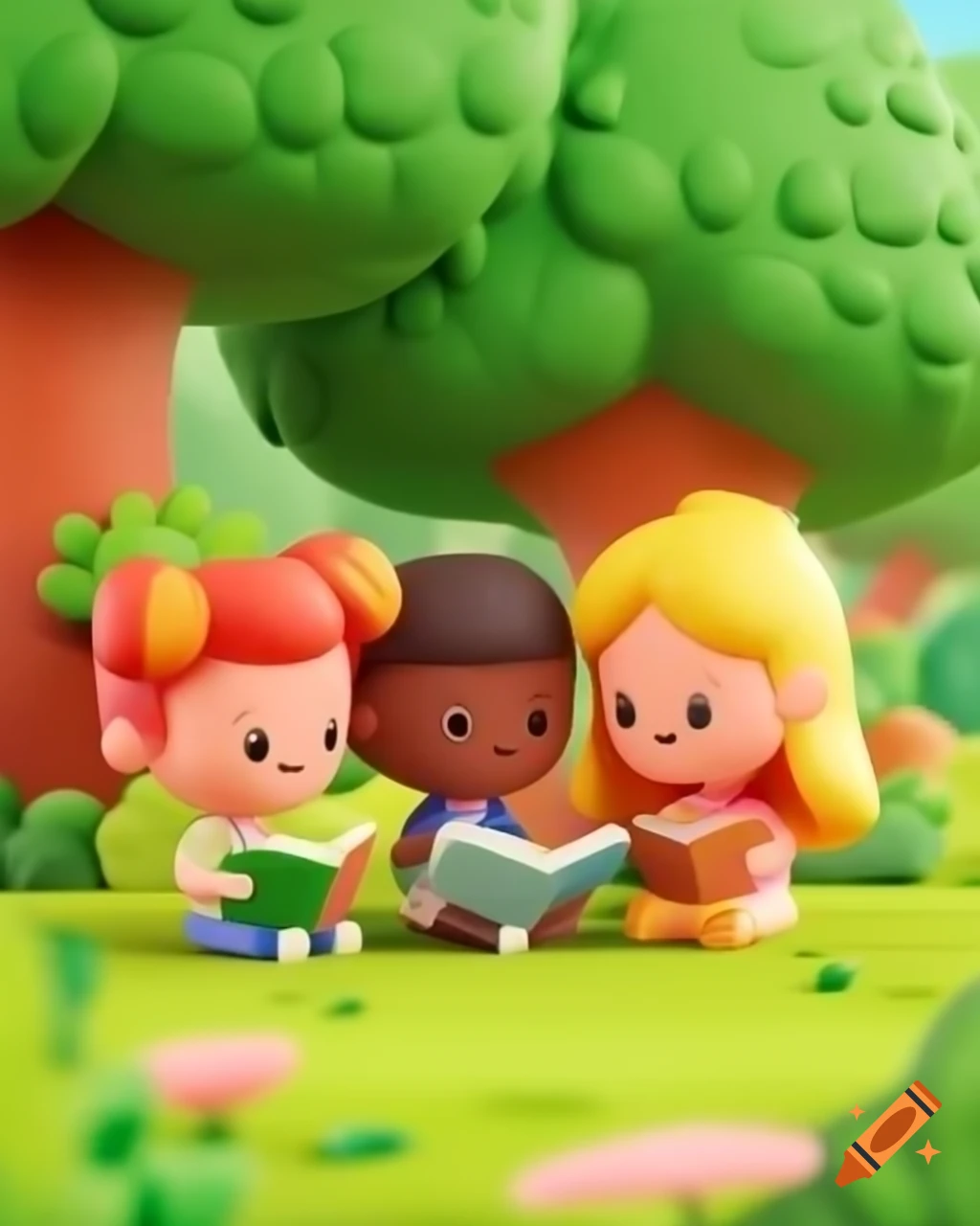 Kids reading a book under a tree in a park, kawaii 3D animation