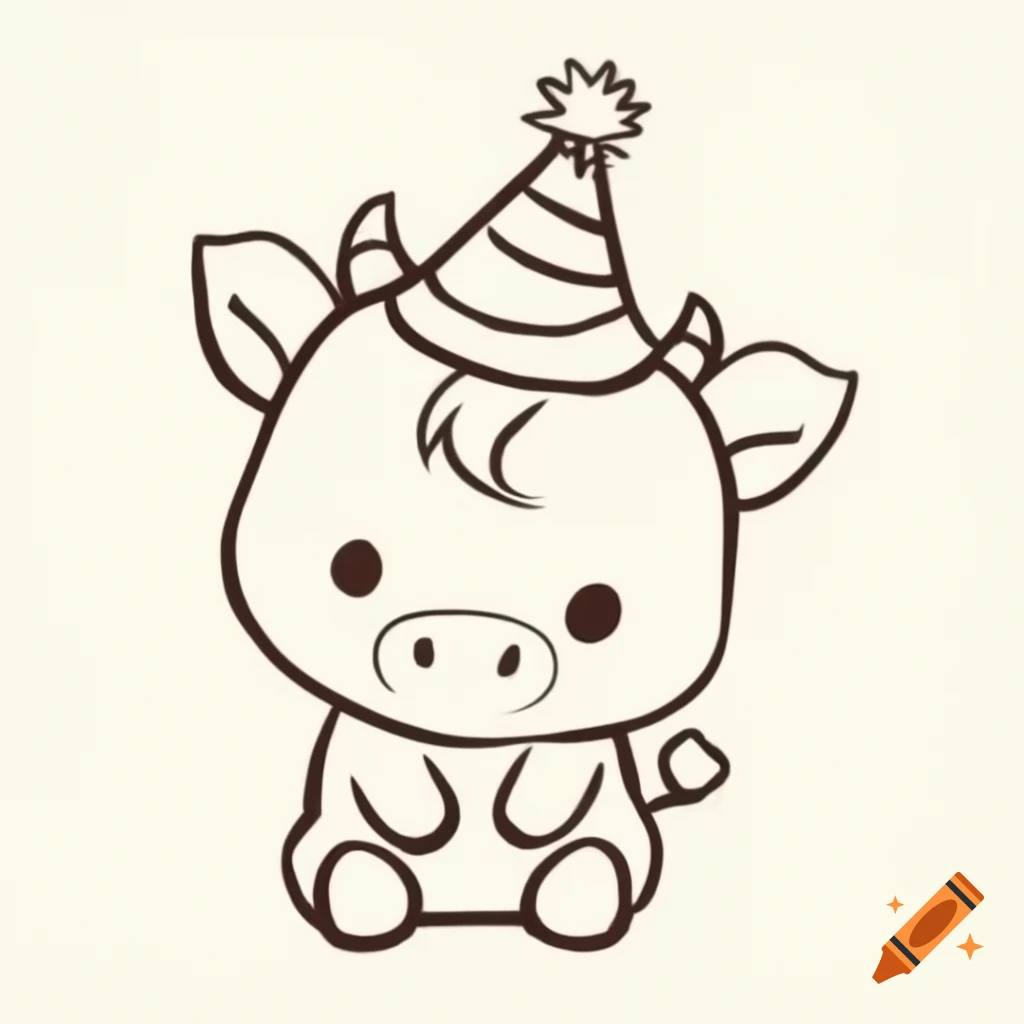 Outline of cute cow with birthday hat in crayon sketch style on craiyon