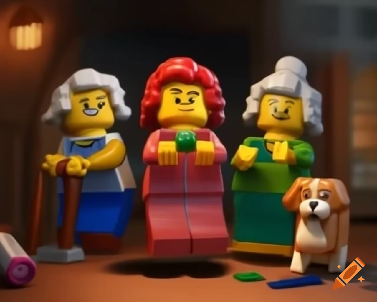 Three LEGO seniors with playful expressions and accessories