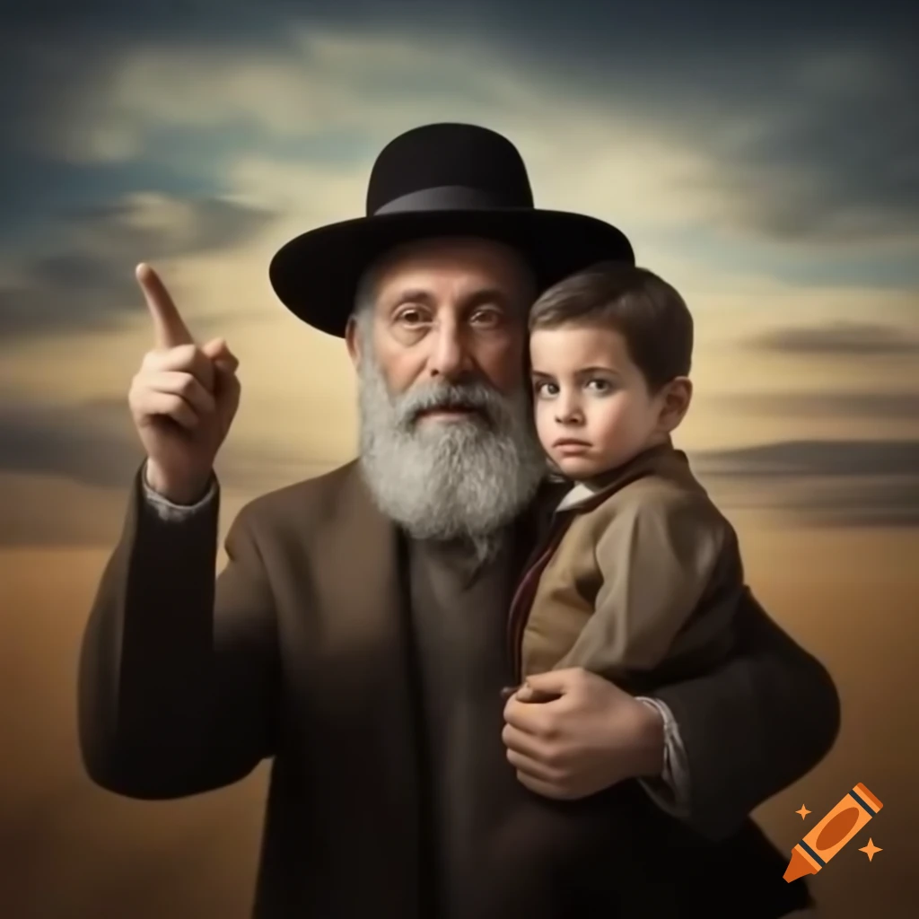 Father in traditional Jewish attire holding son and pointing to horizon