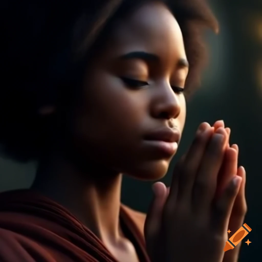 Young Black woman meditating with serene expression and faint smile