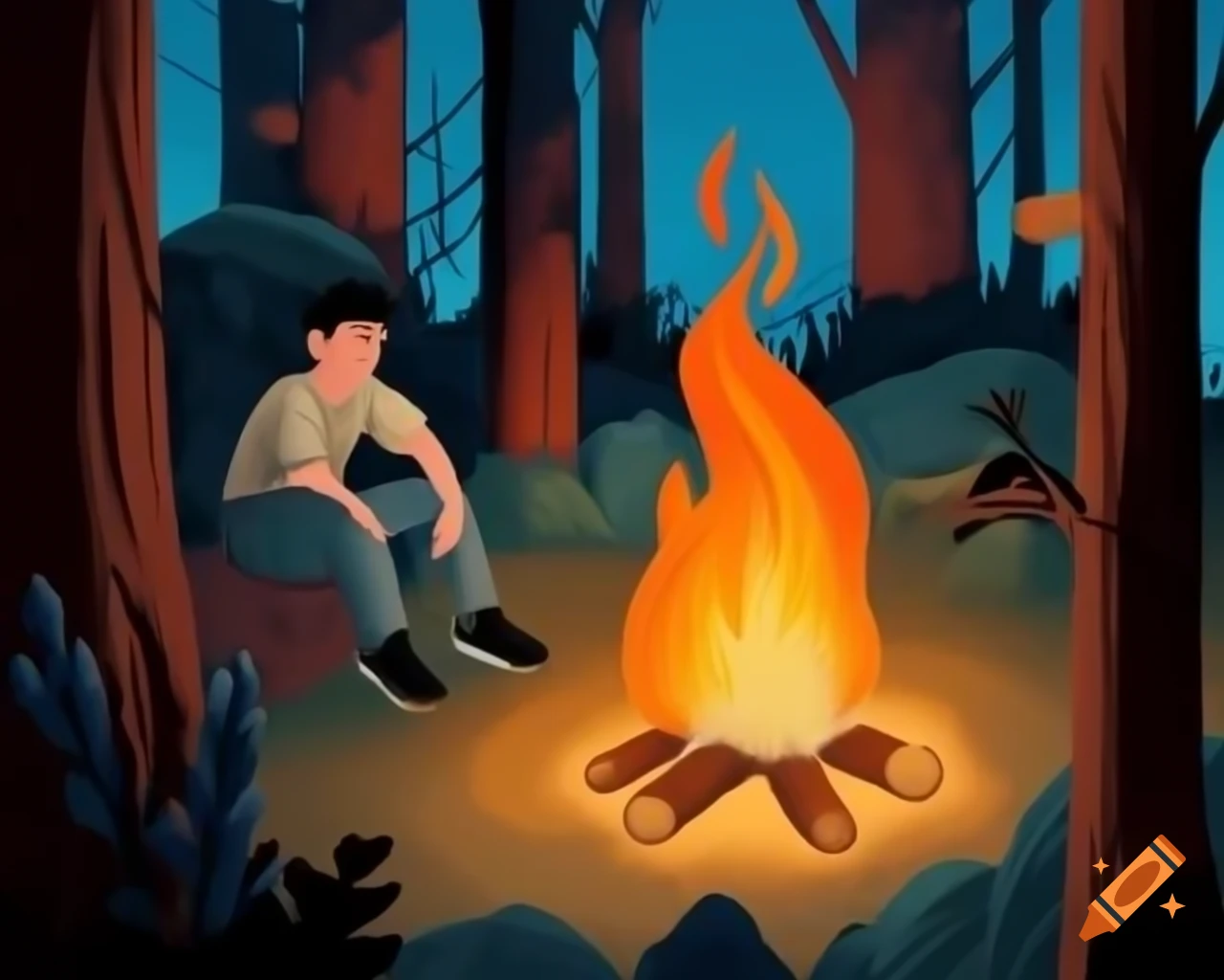 Man sitting by bonfire in forest under clear sky