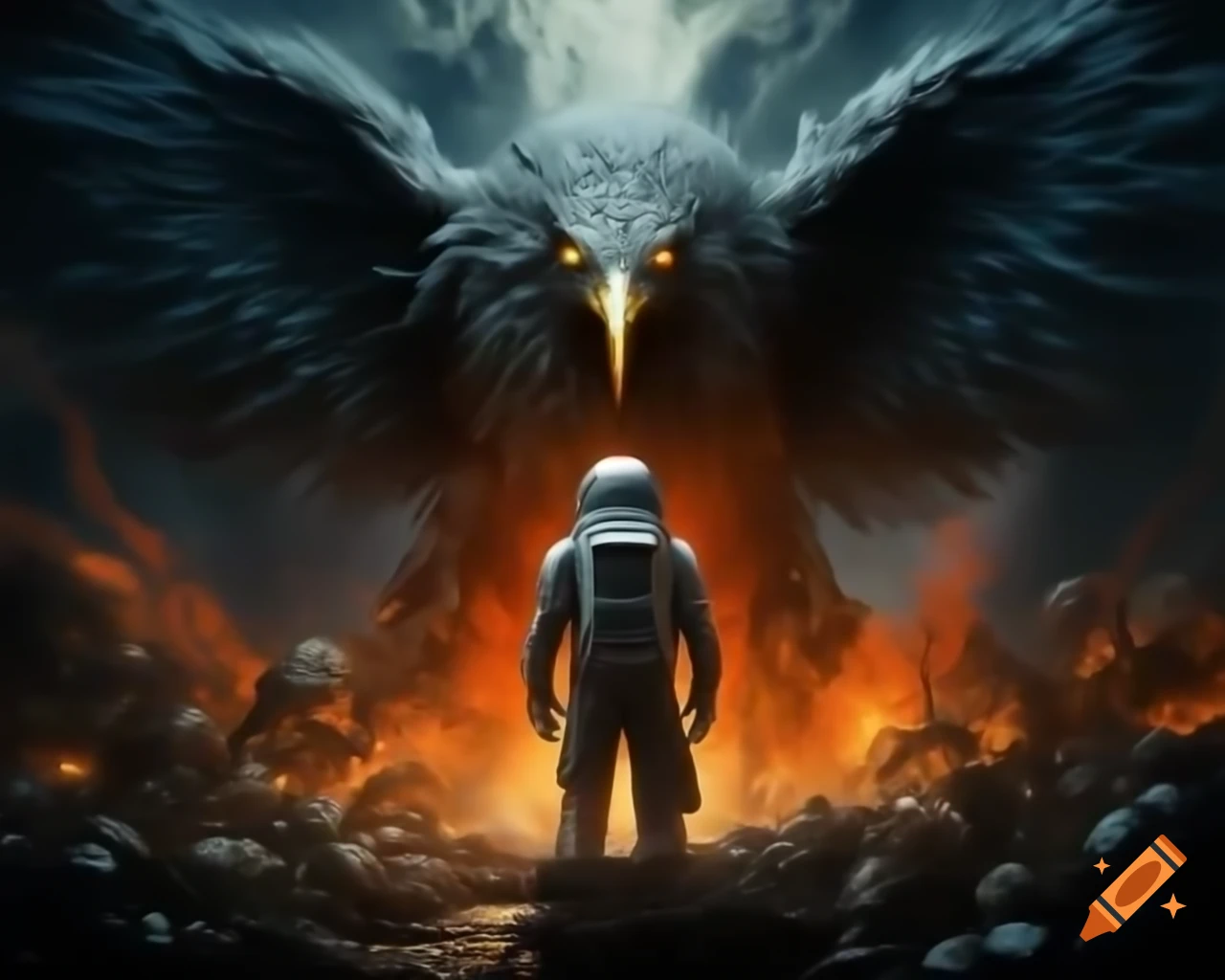Astronaut discovering lost temple guarded by luminous phoenix
