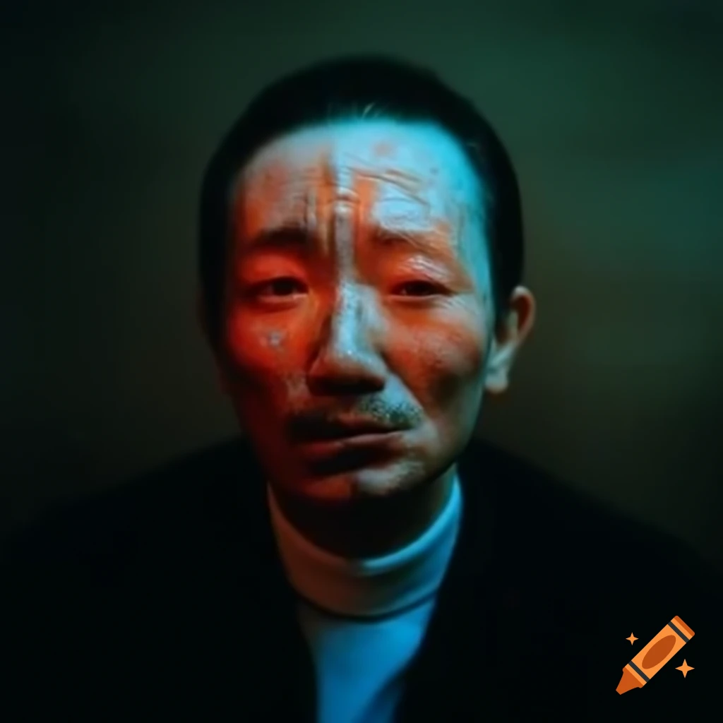 Actor with glowing skin and Emoji head gazing at camera in artistic style