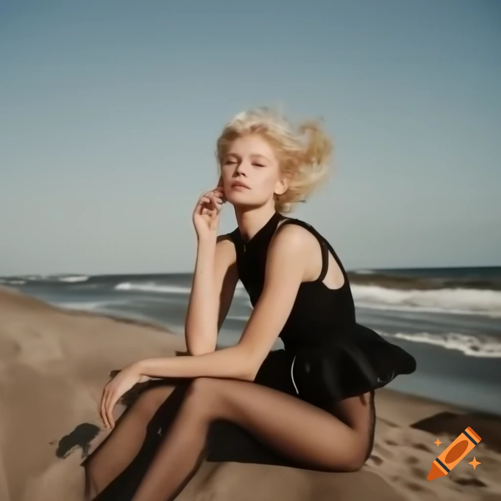 30-year-old blonde woman resembling Zara Larsson captured in flash photography