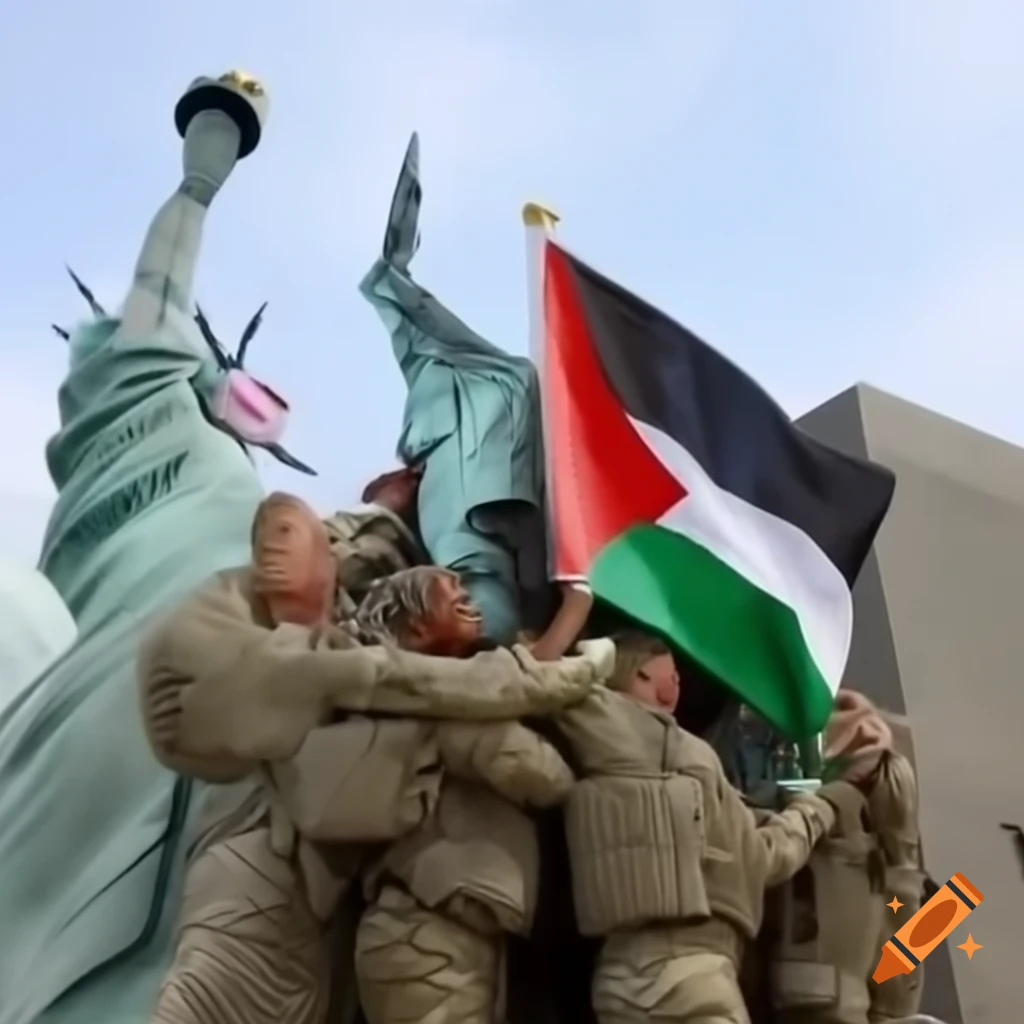 Statue of Liberty with Palestinian flag confronted by soldiers