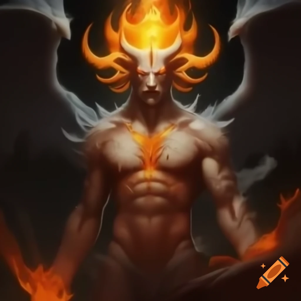 Mythical figure with orange-gold skin and fire halo, resembling solar features