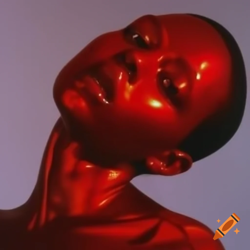 Iridescent red glass statue in pop surreal photography style from the 2000s