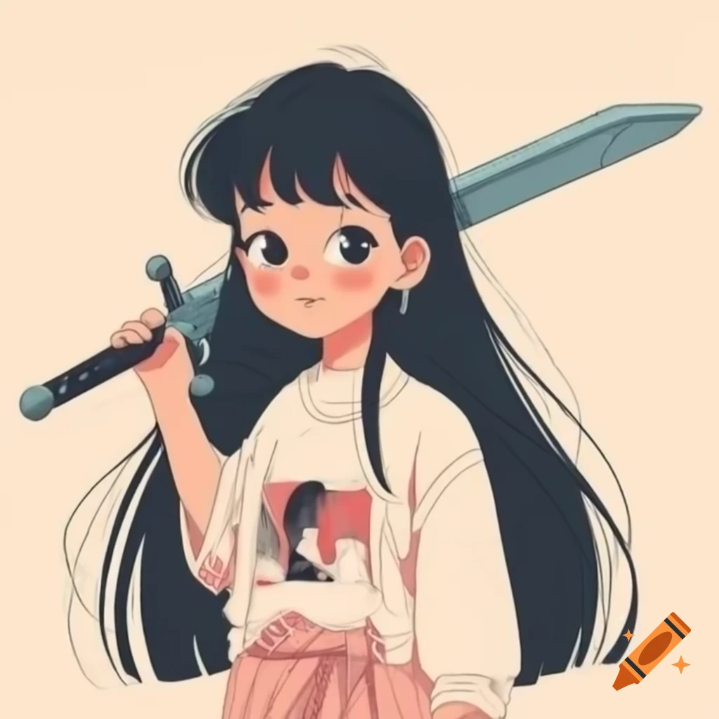 Young woman with long black hair holding sword in 1980s retro anime style