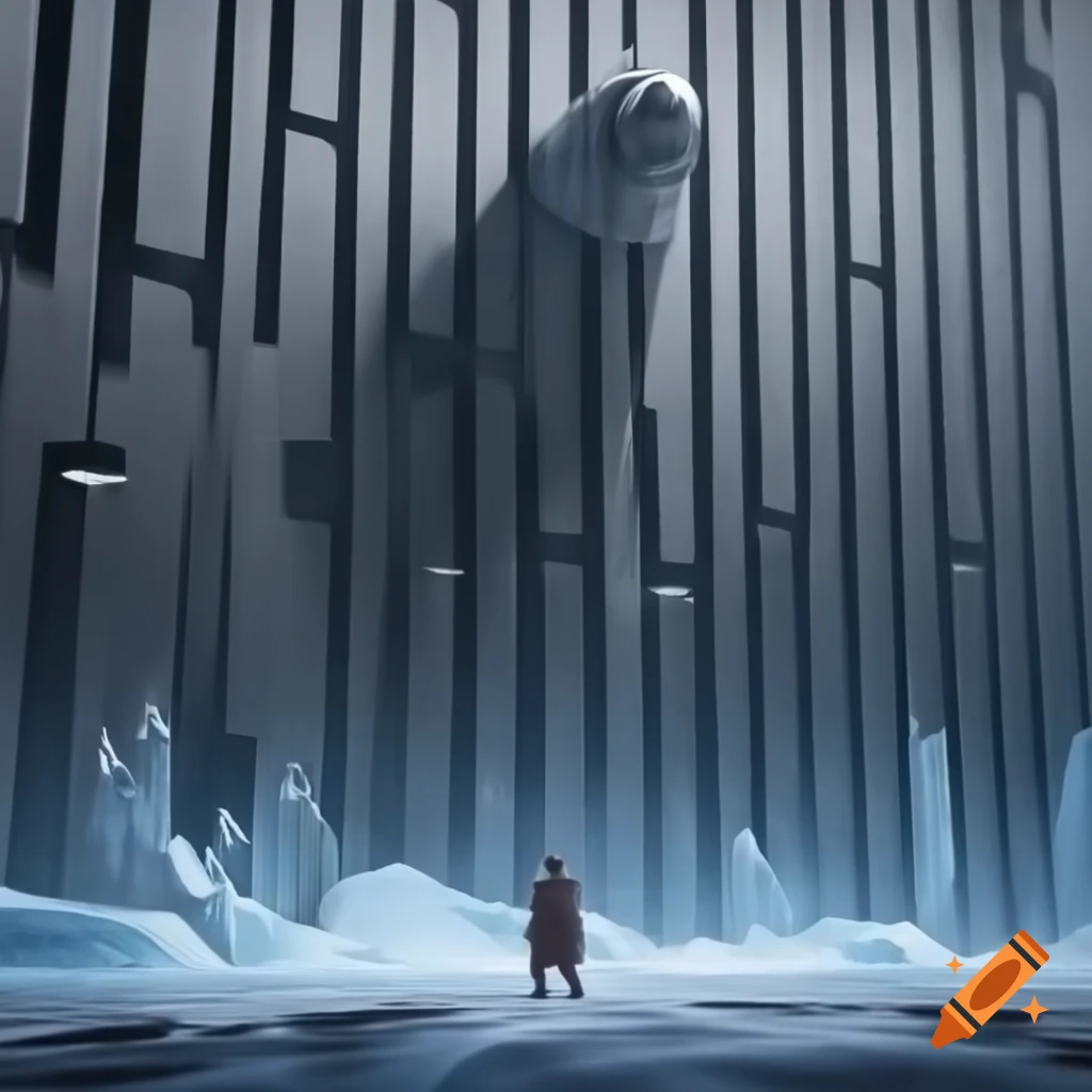 Colossal iron wall in expansive ice landscape