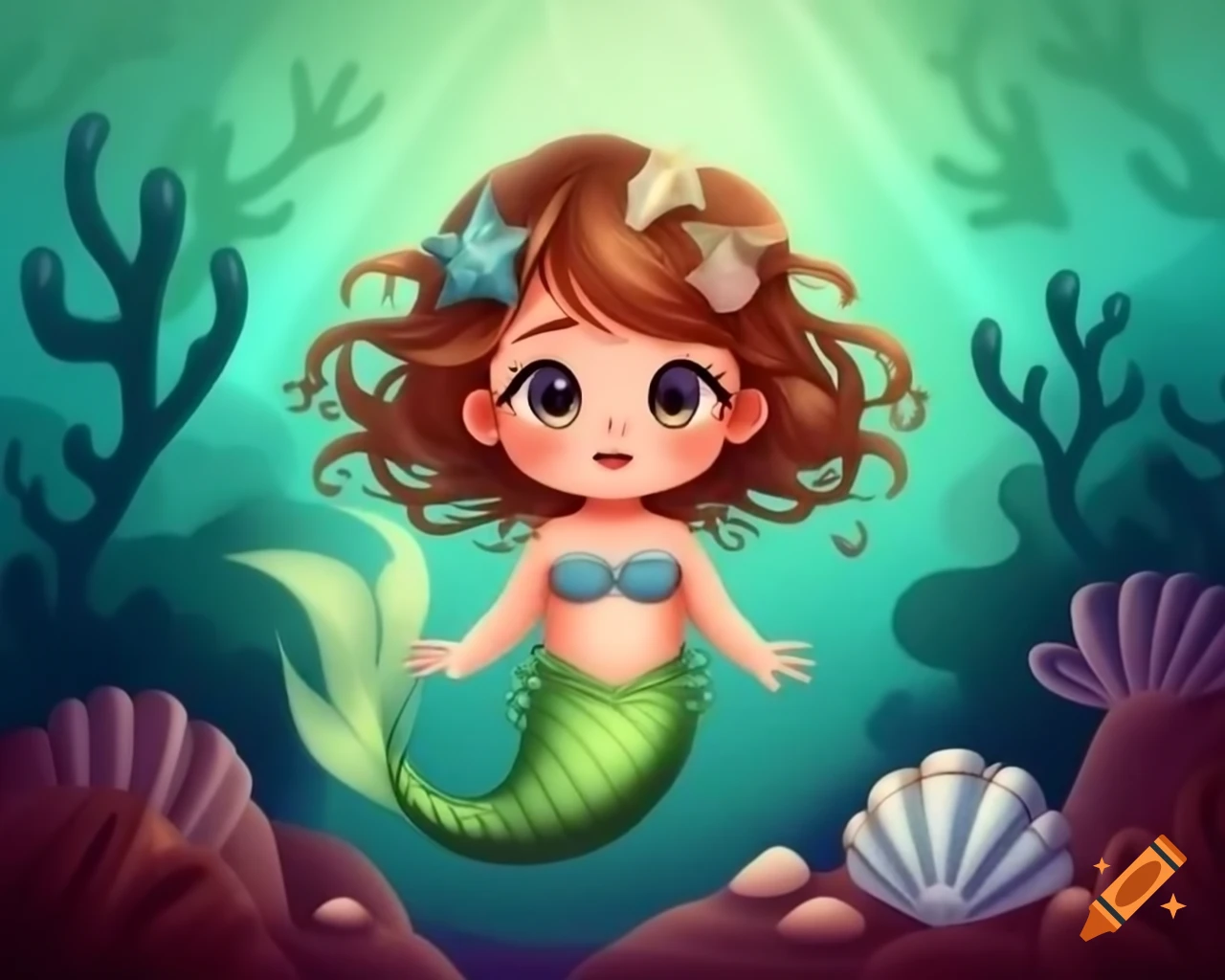 Cute baby mermaid with seaweed hair and shell adornments in storybook style