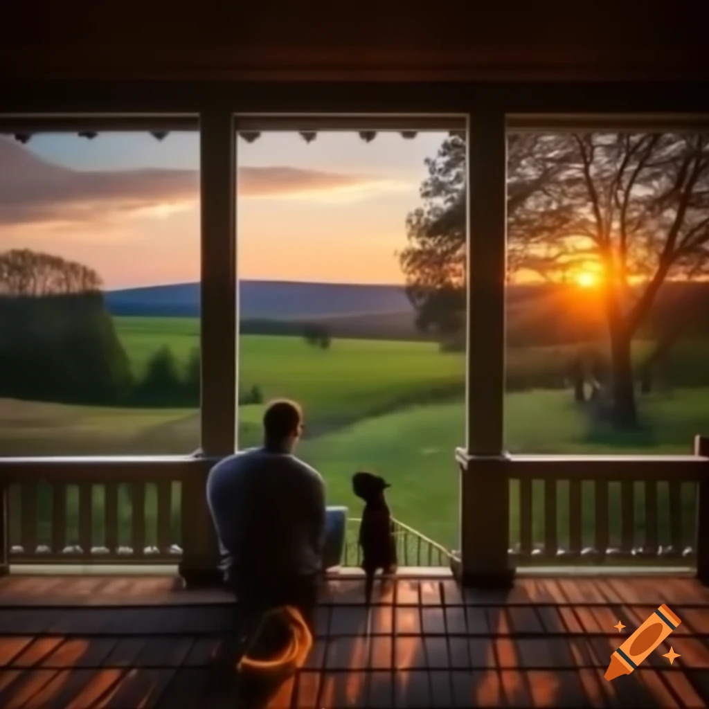 Man and dog sitting on cottage porch watching sunset over landscape