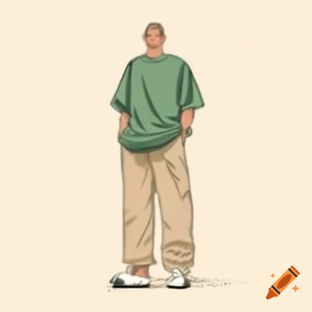 Drawing of a man in sage green oversized tee, beige corduroy pants, and white shoes