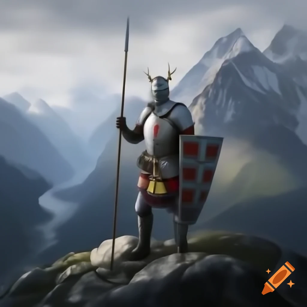 Swedish knight armor with hooked spear near mountain goats on alpine cliffs