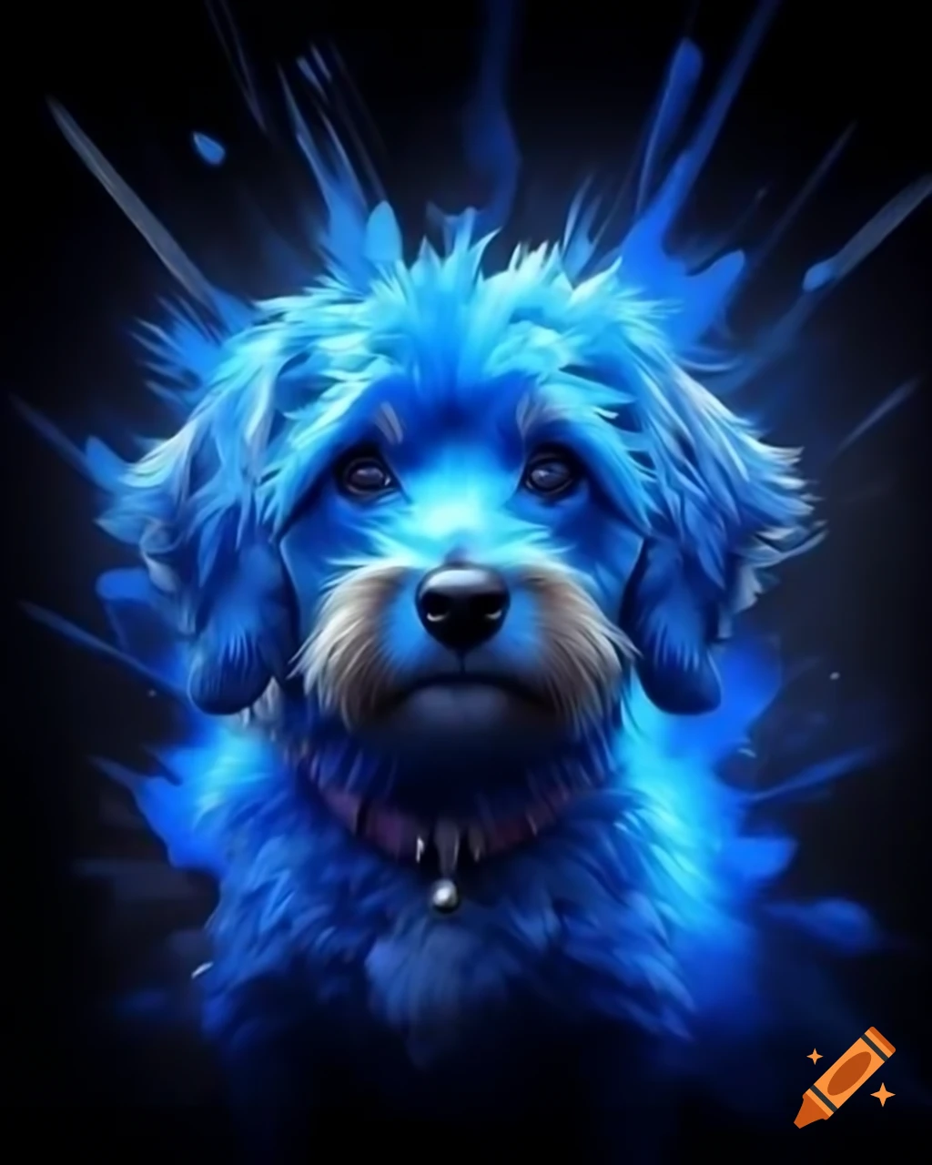 Abstract painting of blue explosion featuring a dog