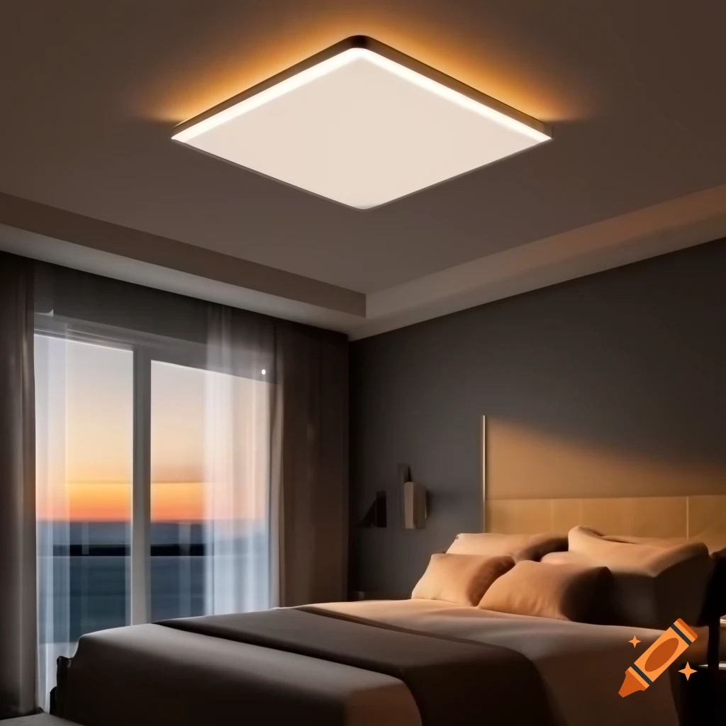 Modern square ceiling panel light in cozy bedroom designed for optimal sleep