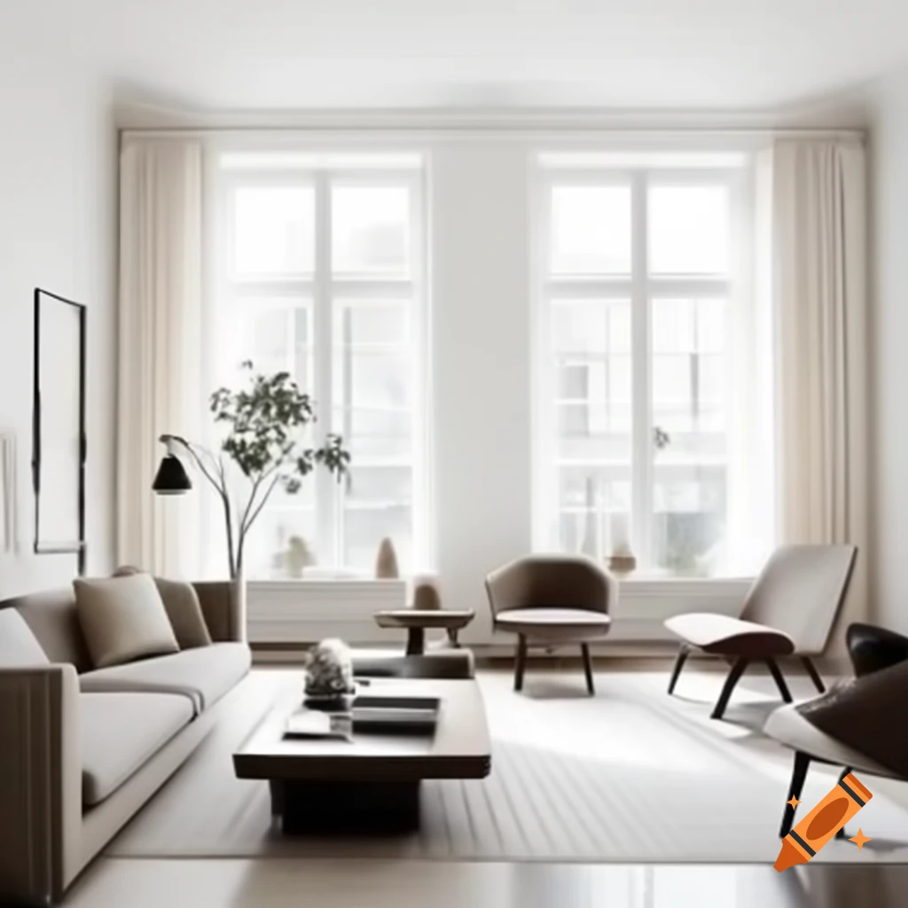 Elegant minimalist living room with neutral tones and natural light
